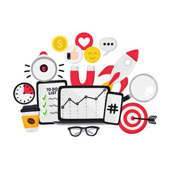 Vector smm elements. Social Media Marketing. Reach and promotion among target audience. Concept is for banner, advertising, mailing list, website, training presentation for marketers, posts, poster