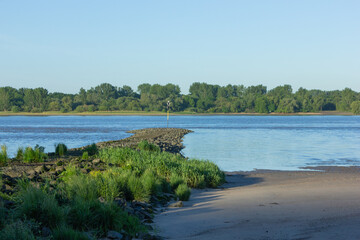 Schiffsverkehr am Flussufer der Elbe bei Hamburg