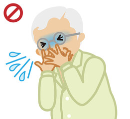 Coughing senior man covered mouth by hands - waist up , cartoon style