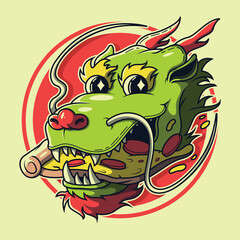 Dragon Head with pizza vector illustration. Mascot, brand, fast food, delivery design concept