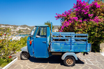 Ponza, Italy. August 16th 2020. A blue old Apecar parked in a scenic road in Ponza.