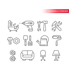 Hardware store, home improvement shop or DIY thin line icon set. Hand tools, bathtub, roller, hammer outline editable icons.