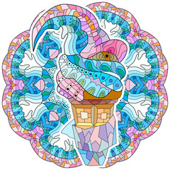 Hand drawn colorful zentangle ice cream illustration with mandala