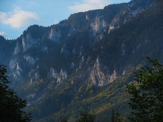 Sunset in the Austrian Alps, Rock face and Trees