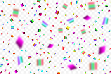 Bright colorful falling confetti isolated on transparent background.