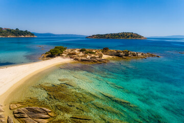 Aerial view of Lagonisi beach on the Sithonia peninsula, in the Chalkidiki , Greece