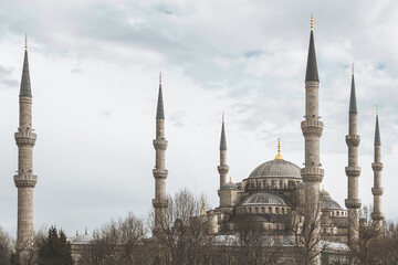 Fototapeta na wymiar beautiful landscape photograph of the Sultanahmet mosque in Istanbul in gray weather. blue mosque in istanbul close up. Sultanahmet Mosque in gloomy weather. 