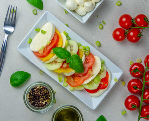 Salad with Tomatoes, Mozzarella, Cucumber, Paprika and Basil With Olive Oil and Pepper on White Background