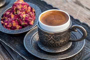 Traditional delicious Turkish coffee and Turkish rose delight dessert