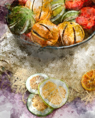 Digital watercolour painting of Beautiful food portrait of Wnter seasonal dried fruits with old vintage texture background and cutlery and accessories