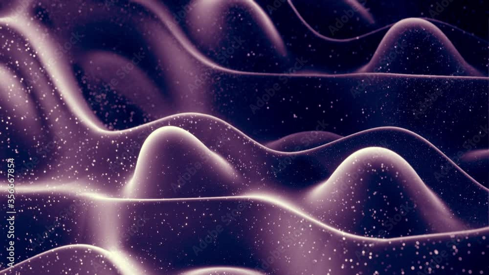 Poster abstract waves of soft black matte material with light inner glow and glitters on morphing surface. 