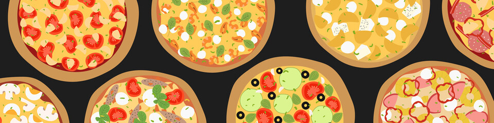 Horizontal banner for website. Flyer for menu restaurant  with different kinds of pizza. Flat vector design