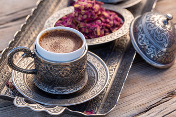 Traditional delicious Turkish coffee and Turkish rose delight dessert