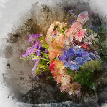 Digital watercolour painting of Romantic vintage retro look applied to flower and garden paraphenalia still life image with Spring and Summer seasonal blooms