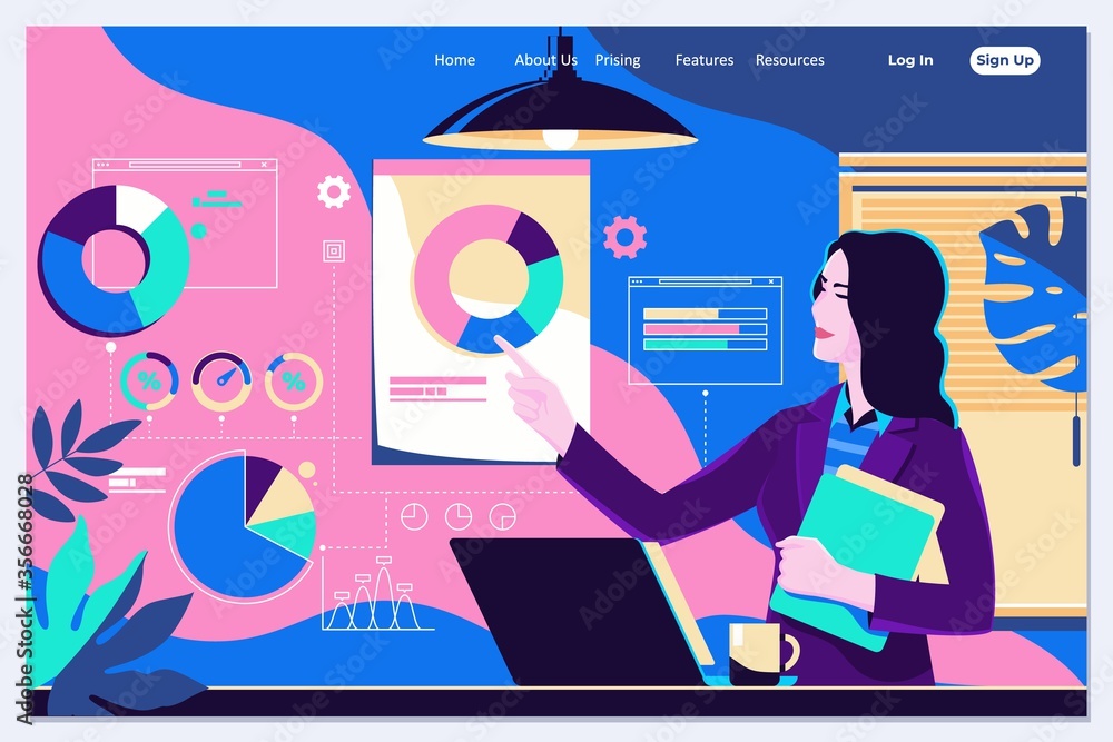 Poster woman interacting with charts and analysing statistics and data. landing page template.