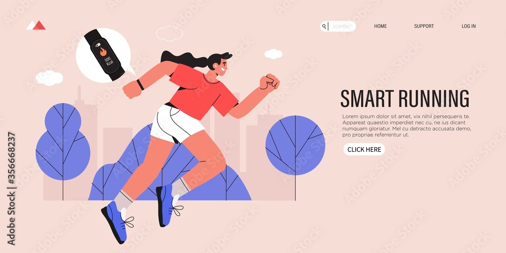 Wall mural Jogging vector illustration for landing page or web banner template. Woman with fitness band or tracker running in the town park. Illustration for marathon, city run, training, cardio exercising.