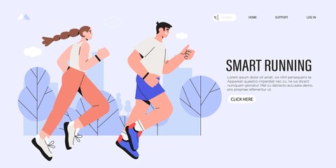 Jogging vector illustration for landing page or web banner template. Woman and man with fitness tracker running in the town park. Illustration for marathon, city run, training, cardio exercising.