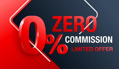 0 zero commission special offer banner template with 3D red zero digit and on modern background - vector promo limited offers flyer - obrazy, fototapety, plakaty