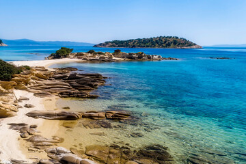 Aerial view of Lagonisi beach on the Sithonia peninsula, in the Chalkidiki , Greece