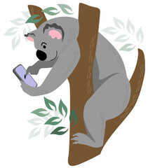 
Cute koala writes messages on the phone. Poster, web banner, postcard.