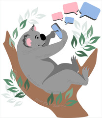 
Cute koala writes messages on the phone. Poster, web banner, postcard.