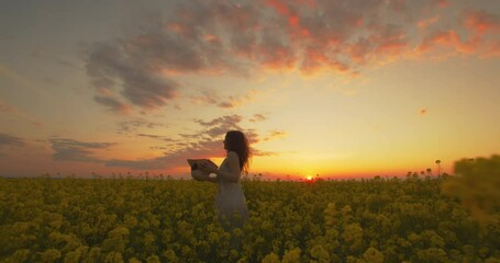 The girl is jumping up and down among a field of yellow flowers and tossing her hat. The girl is looking at the sunset. The girl is getting good emotions. Beautiful cloudy sky. 4K - Powered by Adobe