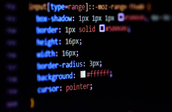 Close-up of modern CSS3 cascade style sheet programming code for HTML coding.