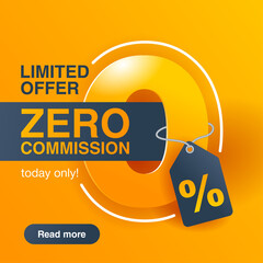 0 zero commission special offer square banner template in yellow an dark gray colors - vector promo limited offers flyer - obrazy, fototapety, plakaty