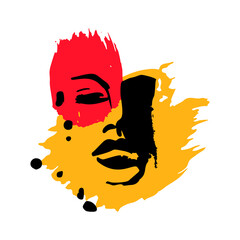 Print for t-shirt or poster. Vector illustration. abstracton Hand drawing a female face, brush strokes and paint splashes. Bright summer print. Vector 10 EPS