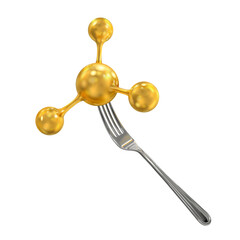 Molecule on a fork. Molecular cuisine. Molecular gastronomy. Nano technology in cooking. Сulinary physics. Vector 3d realistic isolated on white background.