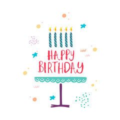 Funny cute vector hand drawn illustration. Birthday celebration concept. Happy birthday lettering. Design for cards, banners, posters, textiles.