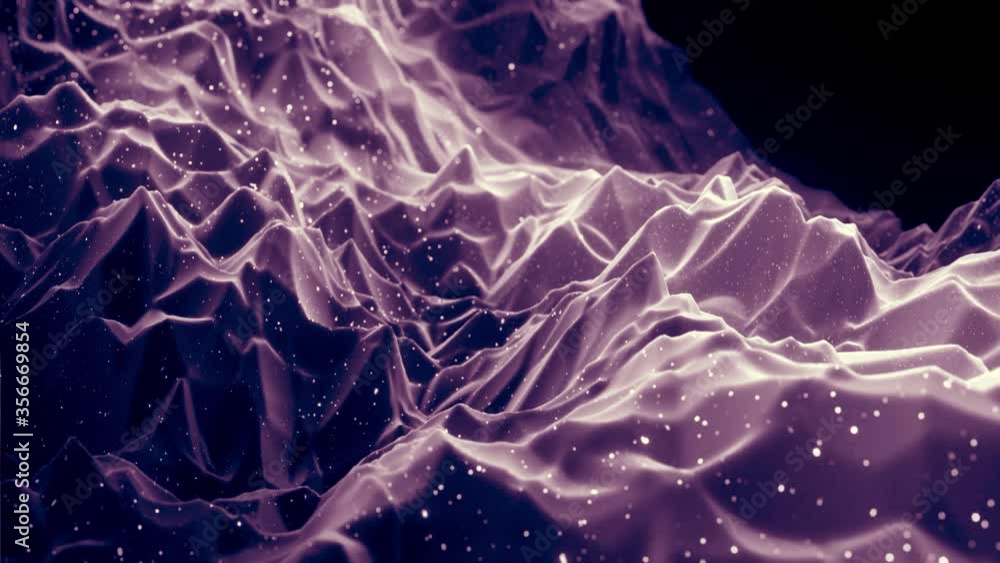 Poster abstract waves of soft black matte material with light inner glow and glitters on morphing surface. 