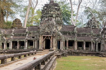 Ruins Ta Prohm temple and Banyan Tree Roots, Angkor Wat complex, Siem Reap, Cambodia.