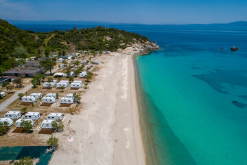 Aerial view of Armenistis beach on the Sithonia peninsula, in the Chalkidiki , Greece