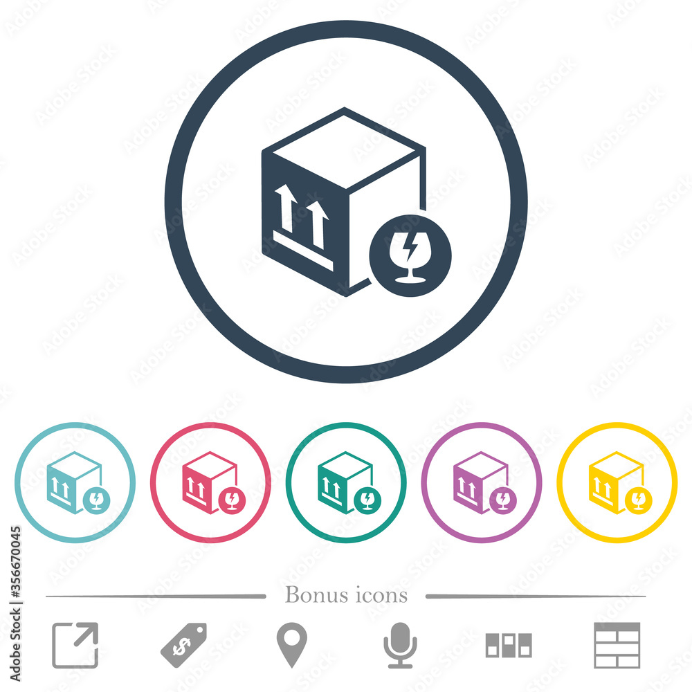 Poster fragile package flat color icons in round outlines