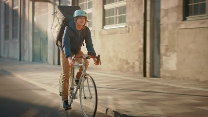 Happy Food Delivery Courier Wearing Thermal Backpack Rides a Bike on the Road To Deliver Orders for Clients and Customers. Sunny Day in Modern City with Stylish Urban Buildings. Front Following Shot