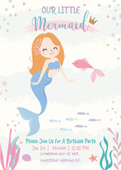 Naklejka na ściany i meble Cute mermaid theme birthday party invitation card vector illustration.