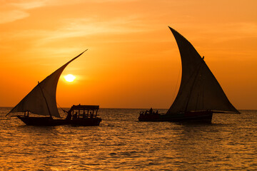 Dhow boat during sunset in Zanzibar.