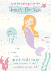 Cute mermaid theme birthday party invitation card vector illustration.