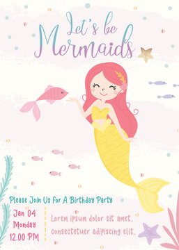 Cute mermaid theme birthday party invitation card vector illustration.