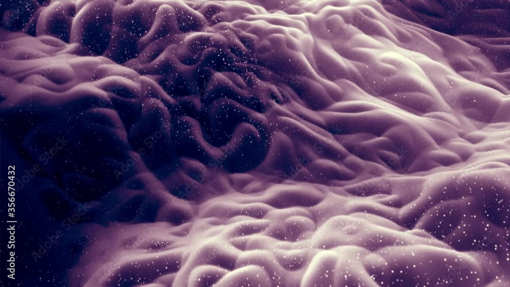 Poster abstract waves of soft black matte material with light inner glow and glitters on morphing surface. 