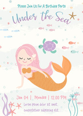 Cute mermaid theme birthday party invitation card vector illustration.