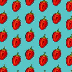 Sweet red strawberry fruits with hard shadows flat lay on pastel turquoise background square regular pattern. Creative layout of fresh summer berries. Food fun concept. Trendy pop art pattern design.