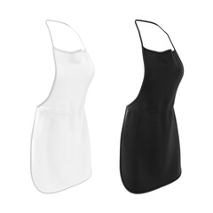 Kitchen apron for the chef in black and white color. Front (side, 3\4) view on the model. Blank template, mockup for branding, logo, design. 3d illustration uniform isolated on white background.