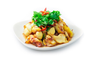 Squid Grilled with spicy chili sauce ontop coriander cutlet