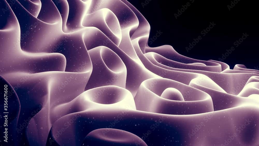 Poster abstract waves of soft black matte material with light inner glow and glitters on morphing surface. 