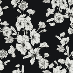 Materiał do szycia Monochrome floral seamless pattern with white petunias and other flowers on black background
