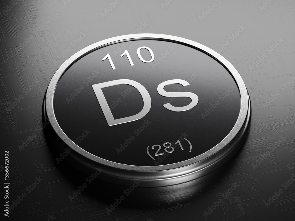 Poster darmstadtium element from periodic table on futuristic round shiny metallic icon 3d render