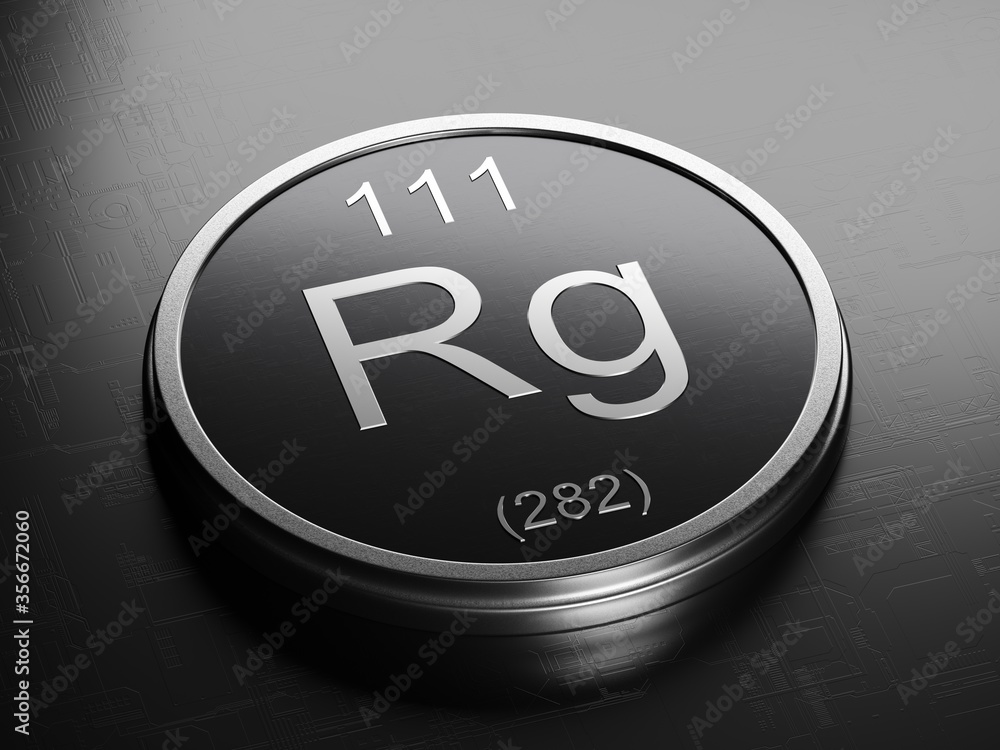 Poster roentgenium element from periodic table on futuristic round shiny metallic icon 3d render