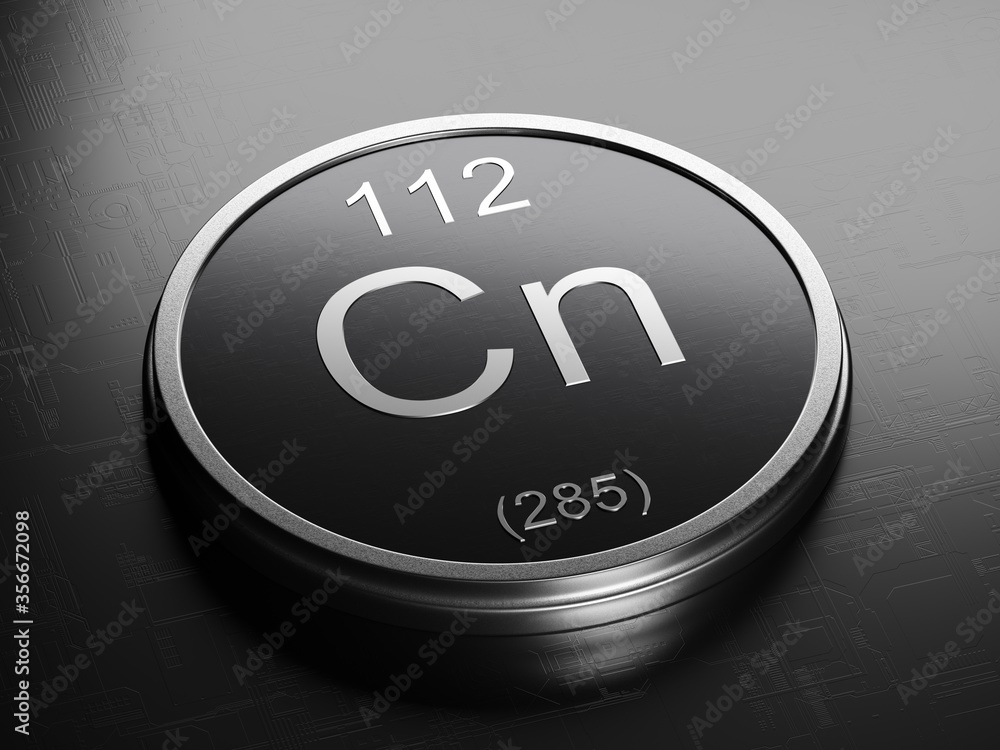 Poster copernicium element from periodic table on futuristic round shiny metallic icon 3d render